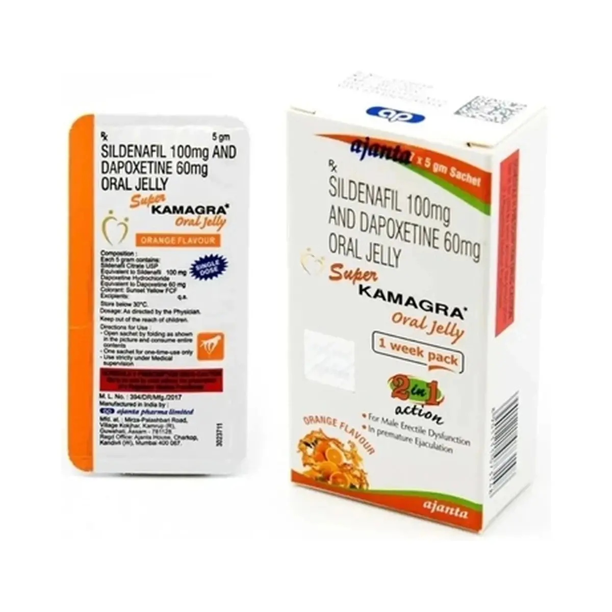 Kamagra super jelly (Sildenafil + Dapoxetine) 100 mg + 60 mg - 7 sachets
